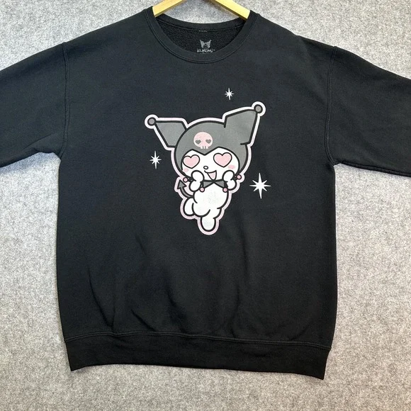 Sanrio Kuromi Black Fleece Sweatshirt Women's L Pink Heart Skull Kawaii Anime - Picture 2 of 6